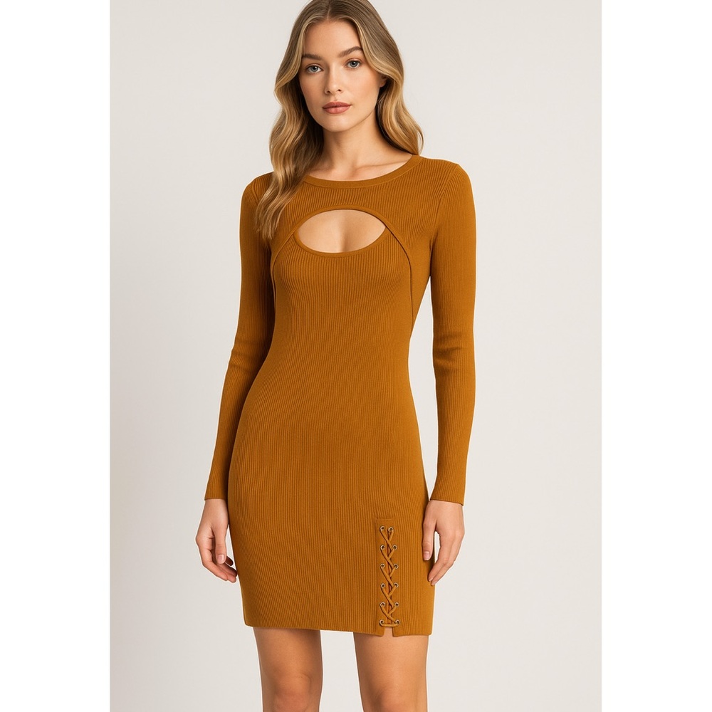 NWT GBG Los Angeles Darvina‎ Lace-Up Sweater Dress | Medieval Gold | Size L